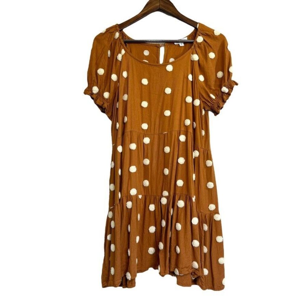 blu pepper Swing Dress Med Pom Pom A-Line Tiered Sundress Swiss Dot Boho Western